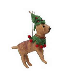 Gisela Graham - Wool Mix Dog with Christmas Hat & Collar Hanging Tree Decoration